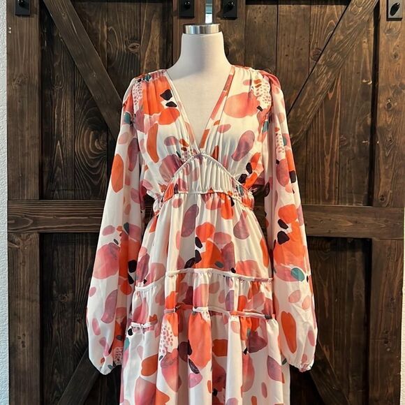 Puff Sleeve Floral Maxi Bohemian V Neck Tiered Casual Tiered Summer Maxi - Picture 10 of 16